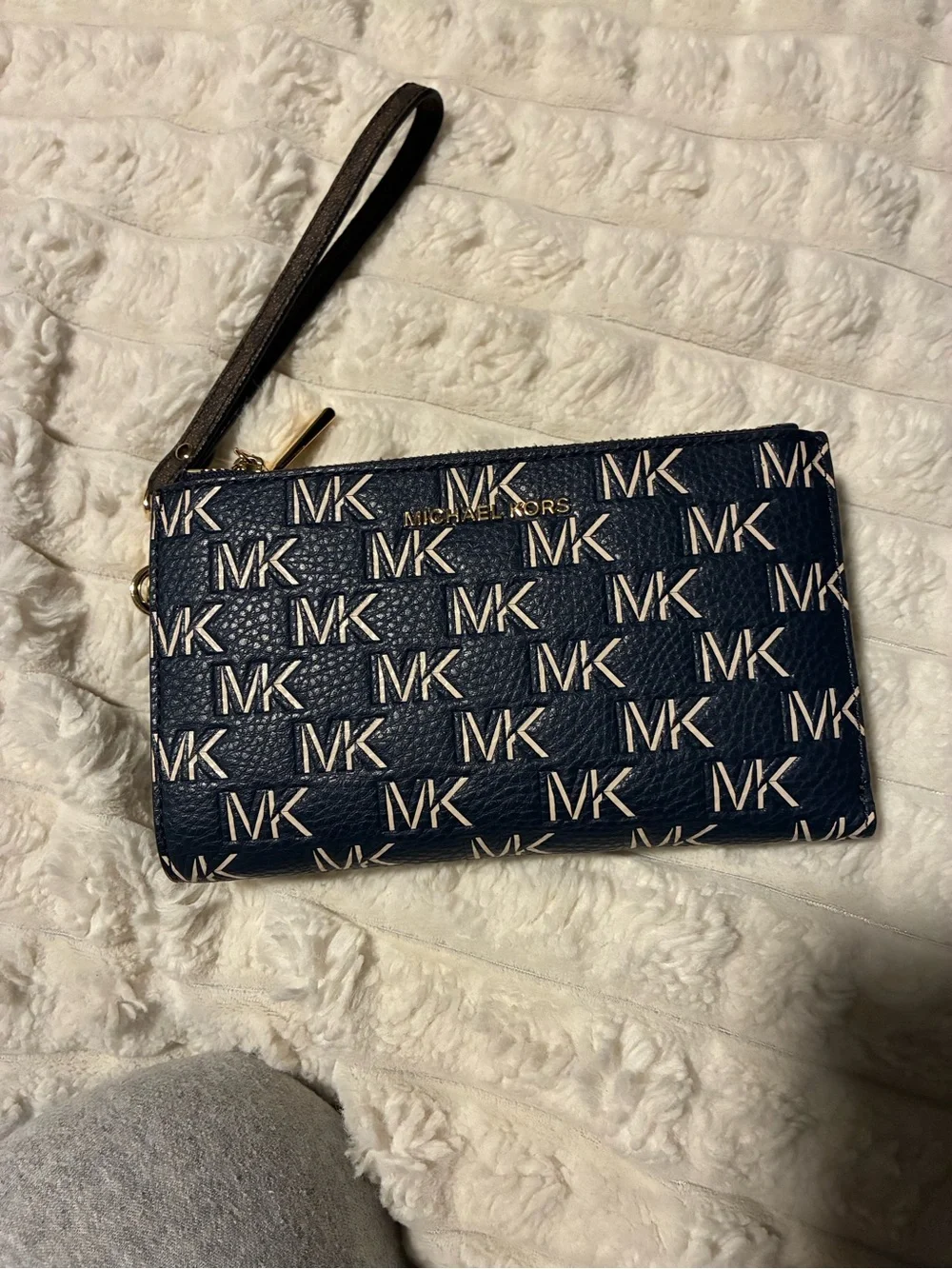 Michael Kors Navy and White MK Logo Wristlet with Gold Hardware